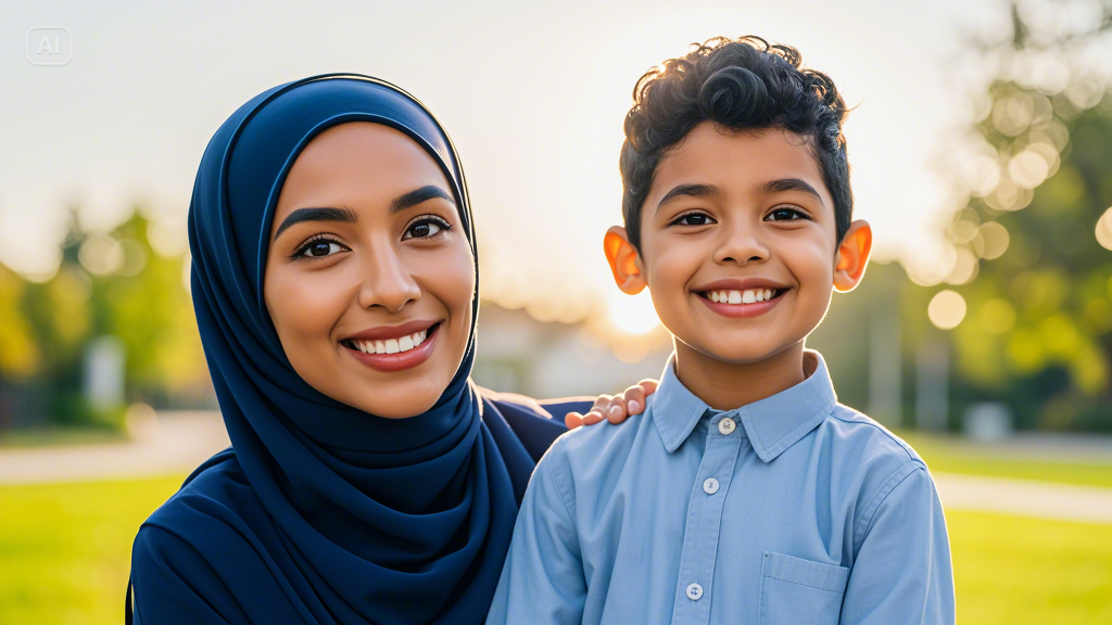 muslim lady and son smiling